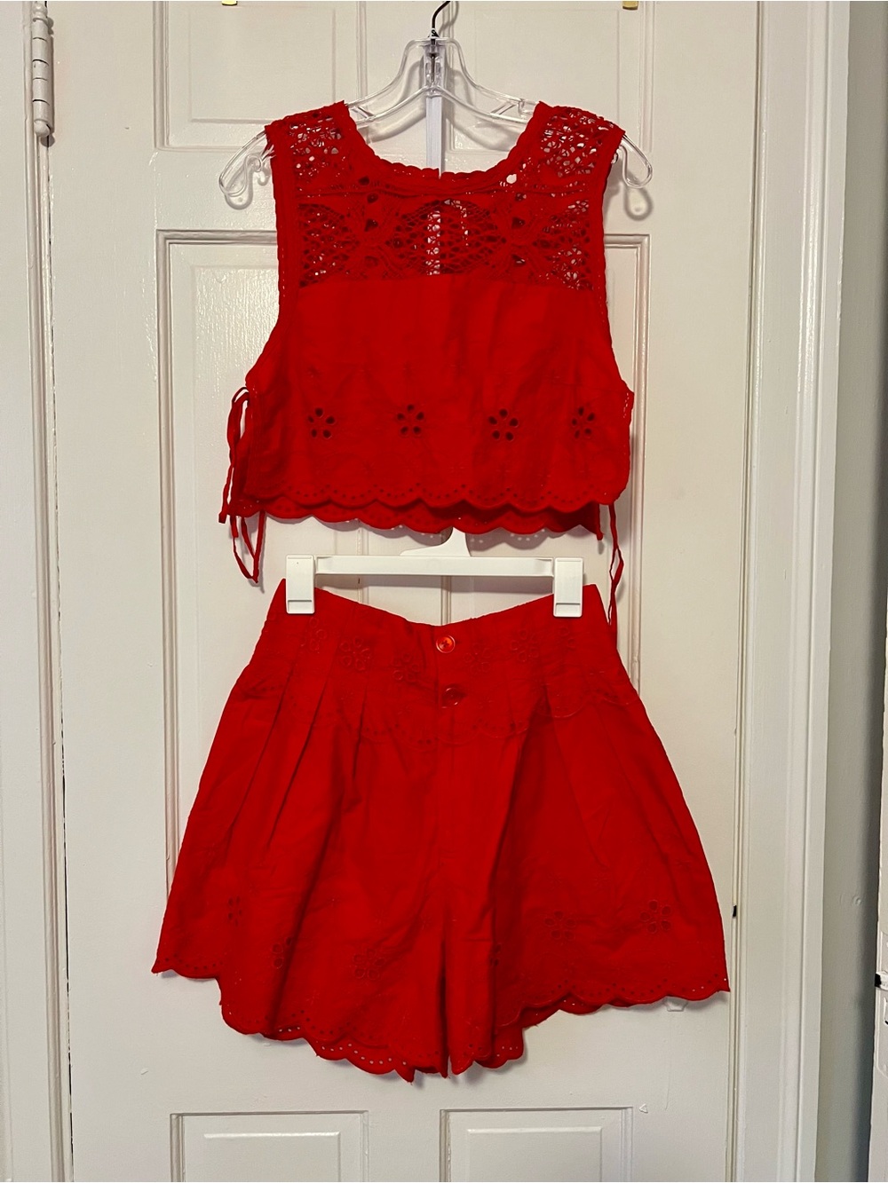 Free People Red Eyelet High-Waist Shorts Set - Crop Top & Shorts